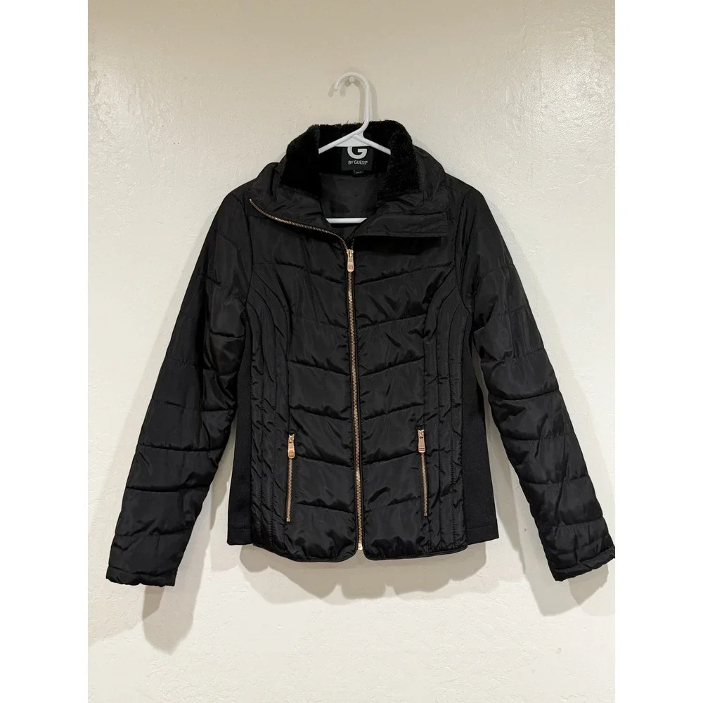 G by GUESS Women Black Puffer Jacket Rose Gold Hardware Faux Fur Collar XS